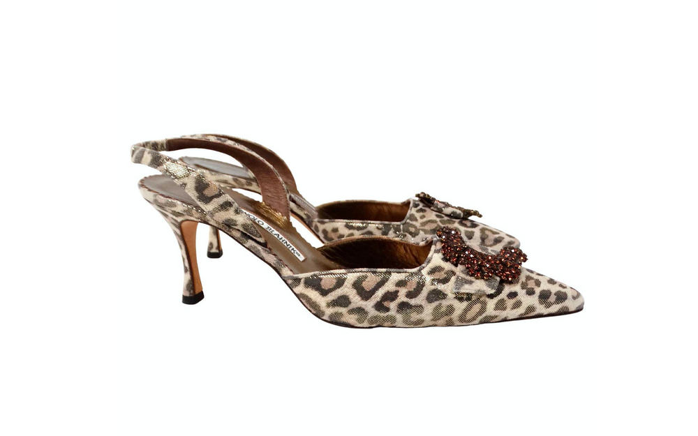 Manolo Blahnik Metallic Leopard Print Suede Slingback Pumps circa Y2K
