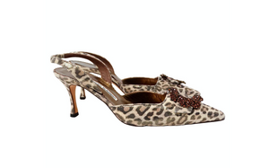 Manolo Blahnik Metallic Leopard Print Suede Slingback Pumps circa Y2K