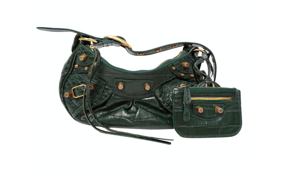 Balenciaga Le Cagole Green Leather Croc Embossed Shoulder Bag circa 2022