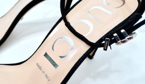 Gucci Black Suede Kid Scamosciato Crystal GG Ankle Strap High Heel Sandals