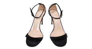Gucci Black Suede Kid Scamosciato Crystal GG Ankle Strap High Heel Sandals
