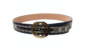 Gucci Navy & Beige Gold Tone- GG Supreme Monogram Canvas & Leather Belt