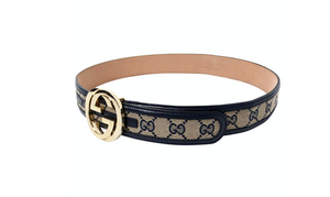 Gucci Navy & Beige Gold Tone- GG Supreme Monogram Canvas & Leather Belt