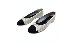 Chanel Silver Metallic PVC Woven Grosgrain Black Cap Toe Ballet Flats
