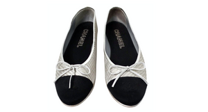 Chanel Silver Metallic PVC Woven Grosgrain Black Cap Toe Ballet Flats
