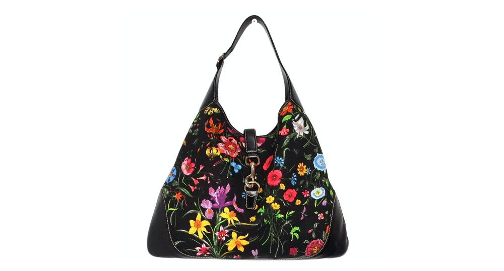 Gucci Large Flora Print Canvas & Black Leather Jackie Hobo Bag