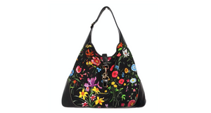 Gucci Large Flora Print Canvas & Black Leather Jackie Hobo Bag