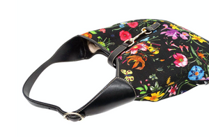 Gucci Large Flora Print Canvas & Black Leather Jackie Hobo Bag