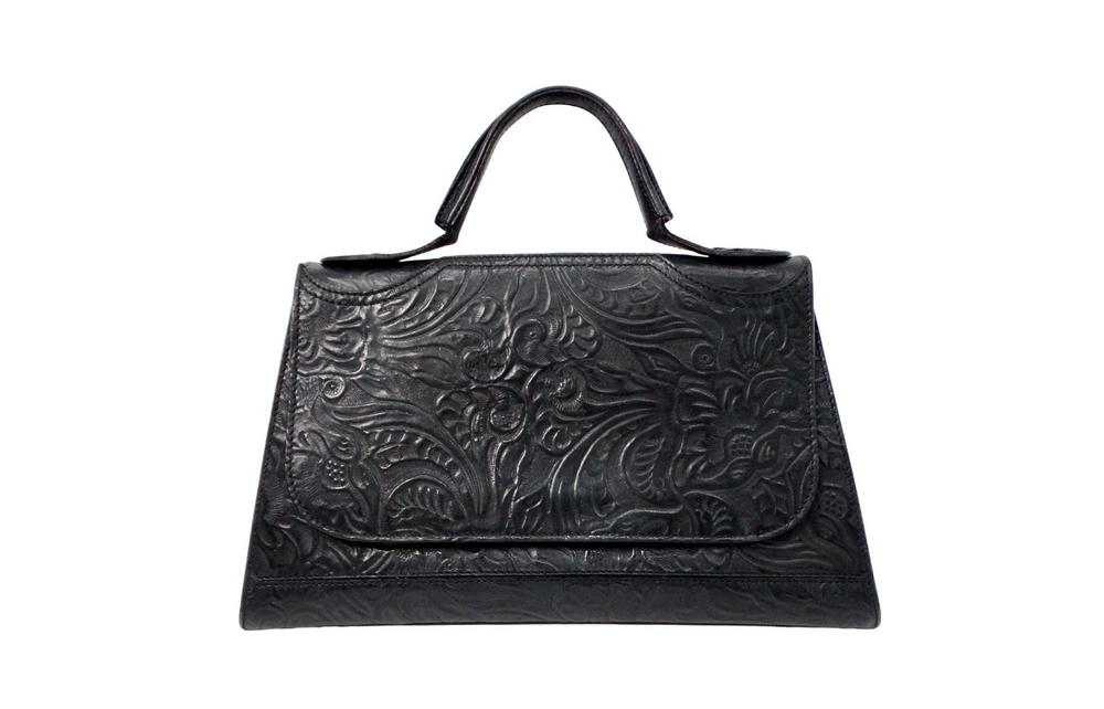 Fendi Floral Embossed Black Leather Top Handle Flapbag circa 1970s