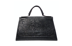 Fendi Floral Embossed Black Leather Top Handle Flapbag circa 1970s
