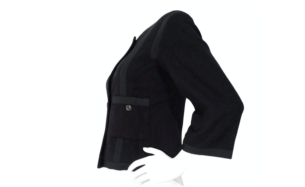 Chanel Black Tweed & Silk Lined Cropped Sleeve Jacket