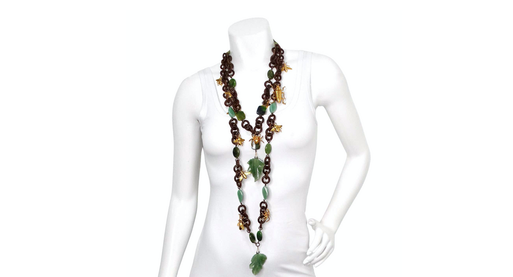 Erickson Beamon Costume Jade & Wood Chain Link Bug Charm Necklace