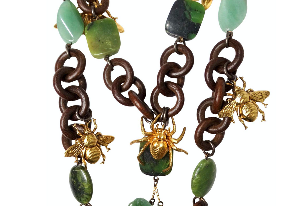 Erickson Beamon Costume Jade & Wood Chain Link Bug Charm Necklace