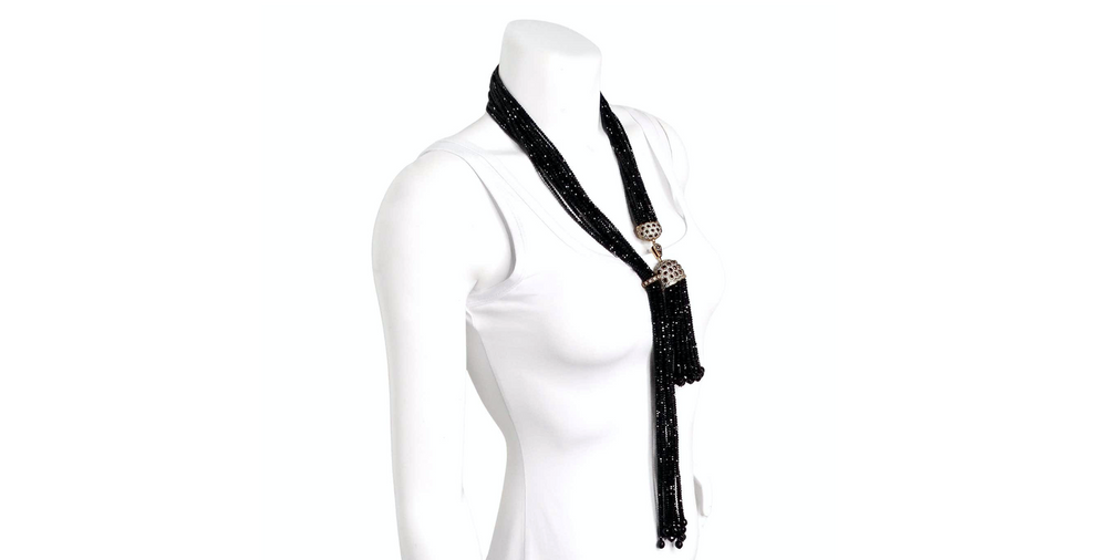 Multi-Strand Black Crystal Beaded Tassel Drop Necklace circa 1980s