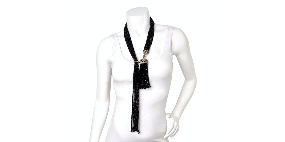 Multi-Strand Black Crystal Beaded Tassel Drop Necklace circa 1980s