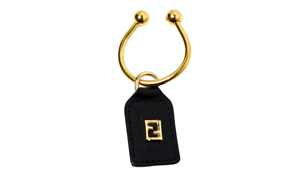 Fendi Black Leather & Yellow Gold-Tone Logo Keychain