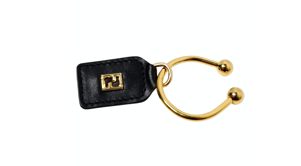 Fendi Black Leather & Yellow Gold-Tone Logo Keychain