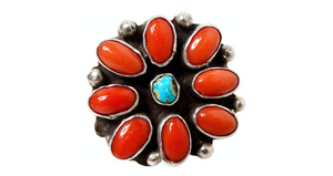Sterling Silver Turquoise & Coral Flower Motif Ring circa 1970s