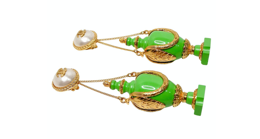 Chanel Collectible Green Resin Gold Plated Vase Drop Earrings circa 1980s