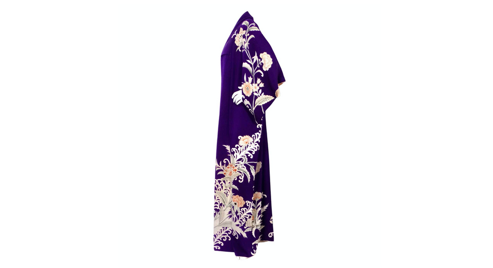 Handmade Japanese Purple Floral Print Silk Kimono circa 1950s