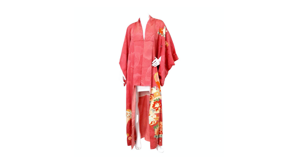 Handmade Japanese Coral Floral Print Silk Kimono circa 1950s