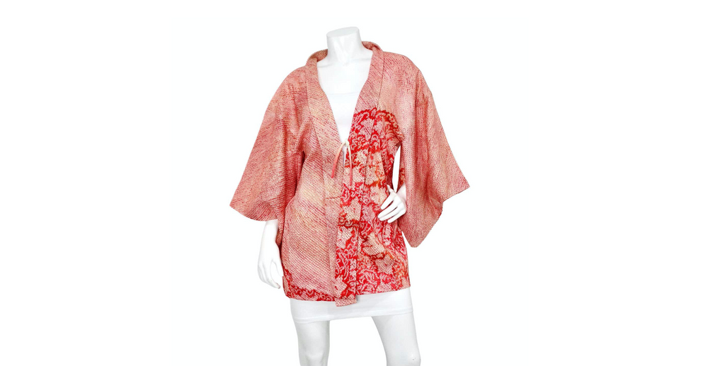 Handmade Japanese Pink Shibori Silk Print Haori Kimono Jacket