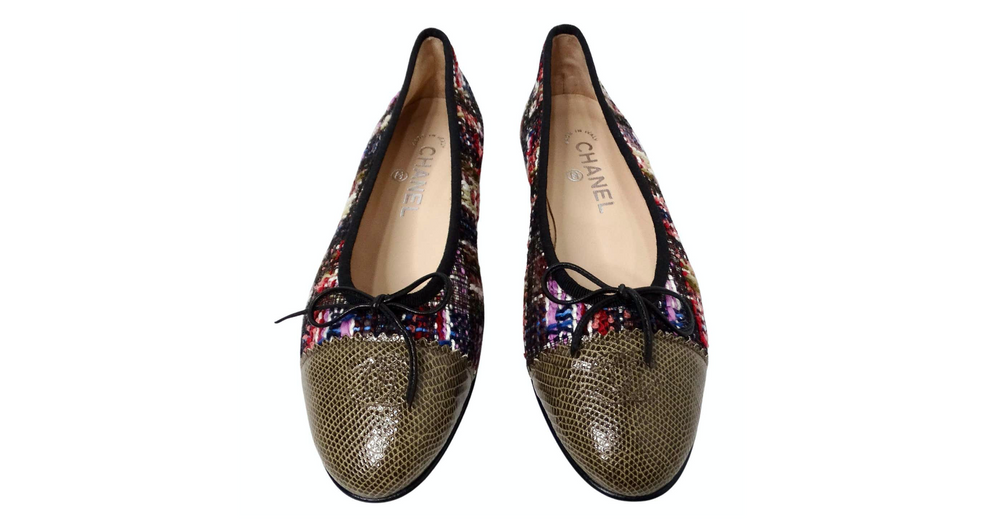 Chanel Tweed Lizard Interlocking CC Cap Toe Ballet Flats