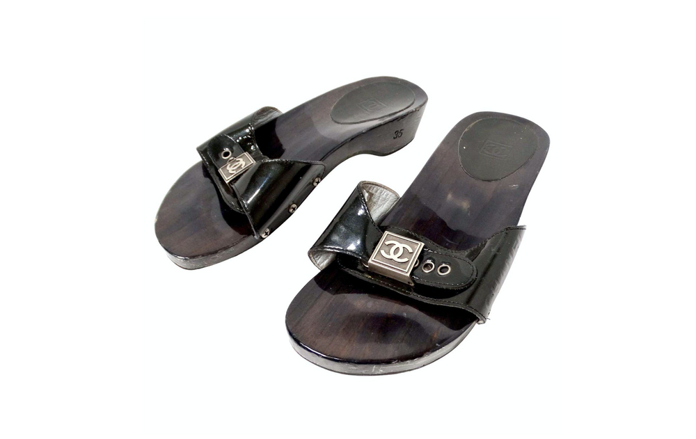 Chanel Black Patent Leather & Wood Clog Slides circa Y2K