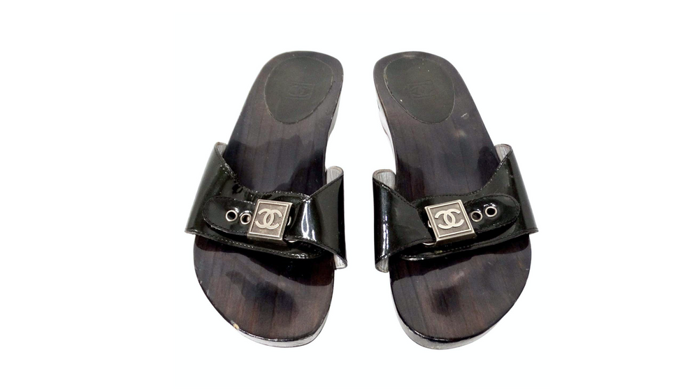 Chanel Black Patent Leather & Wood Clog Slides circa Y2K