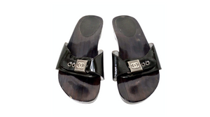 Chanel Black Patent Leather & Wood Clog Slides circa Y2K