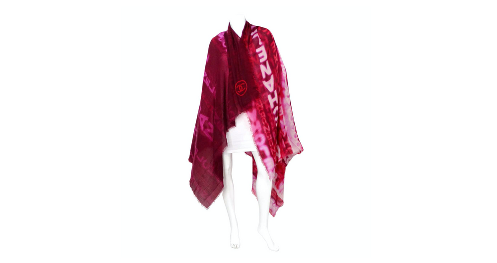 Chanel Large Logo Print Purple & Red Fringe Scarf