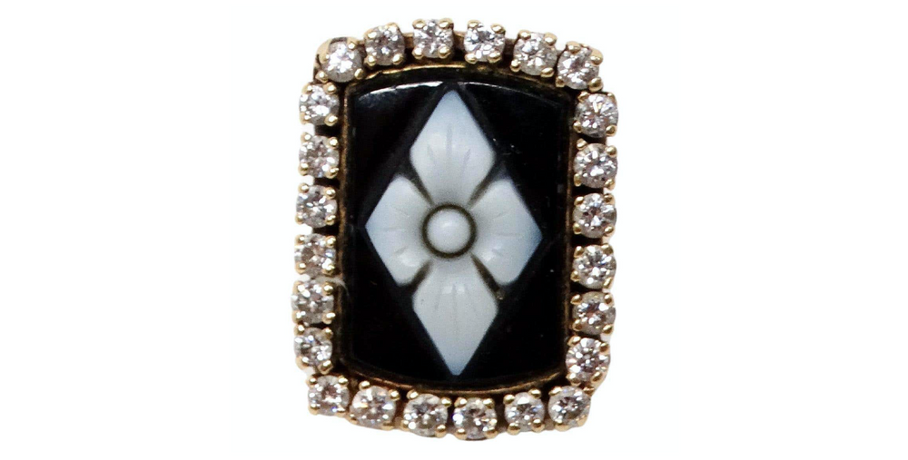 Onyx Flower Motif 24- Diamond Set 14k Yellow Gold Cocktail Ring