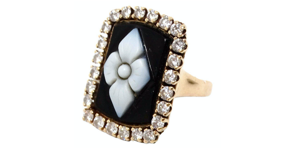 Onyx Flower Motif 24- Diamond Set 14k Yellow Gold Cocktail Ring
