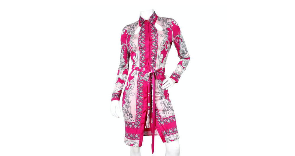 Versace Hot Pink Cutout Baroque Print Long-Sleeve Belted Dress