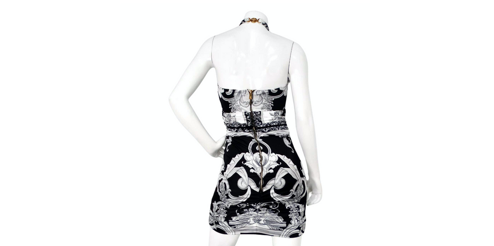 Versace Black & Grey Baroque Print Halter Dress