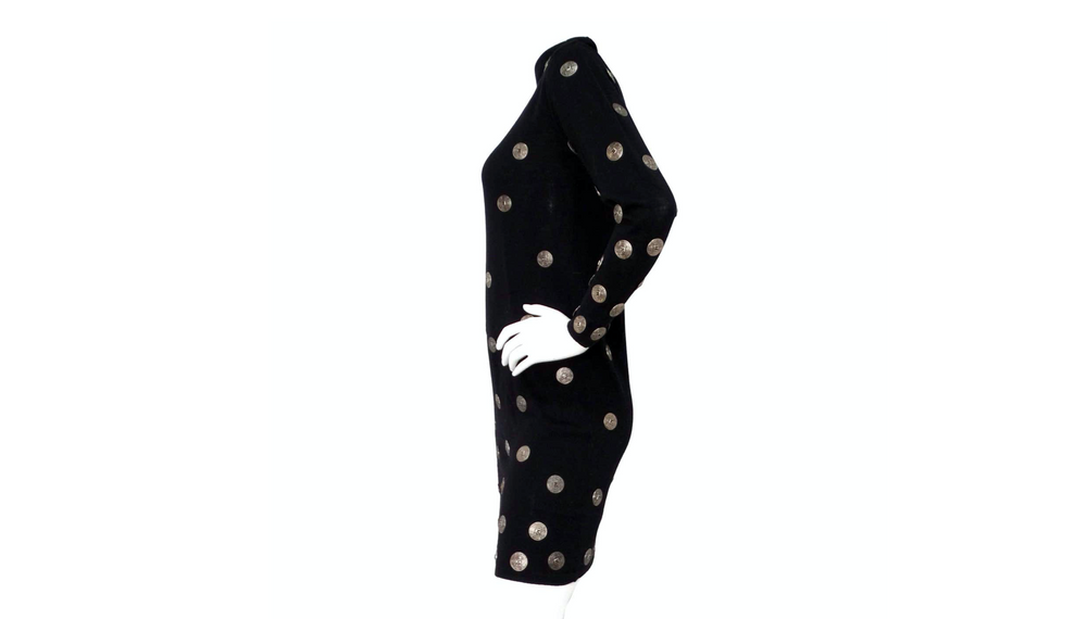 Italian Black Wool Long-Sleeve Dress With Silver-Tone Medallion Buttons