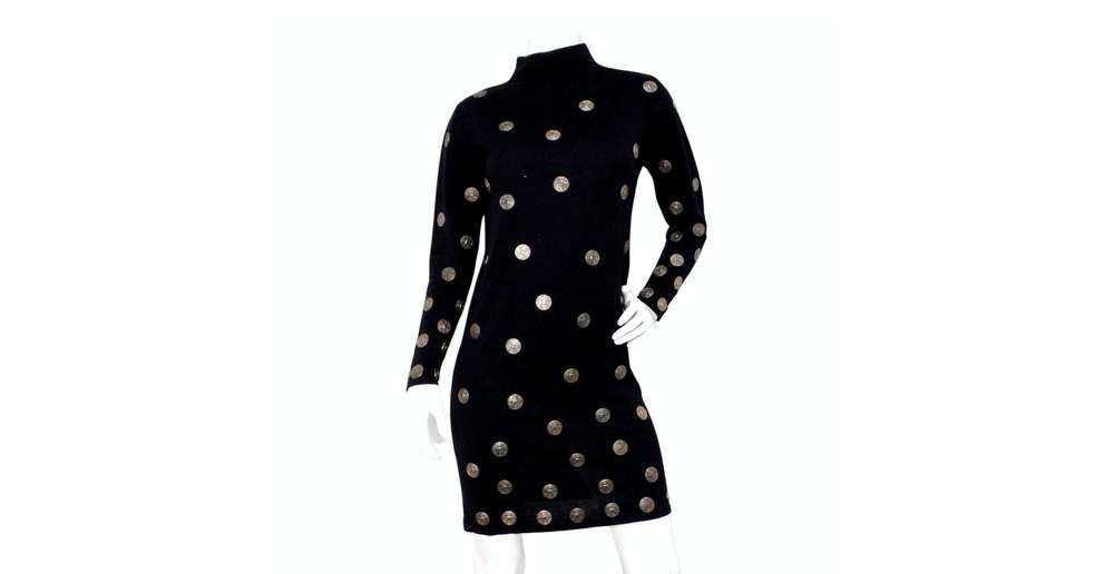 Italian Black Wool Long-Sleeve Dress With Silver-Tone Medallion Buttons