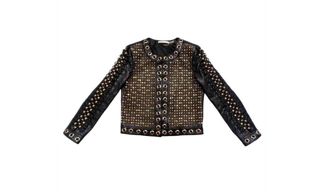 Alice + Olivia Black Lambskin Leather Rockstud & Grommet Embellished Jacket