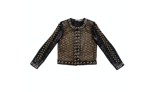 Alice + Olivia Black Lambskin Leather Rockstud & Grommet Embellished Jacket
