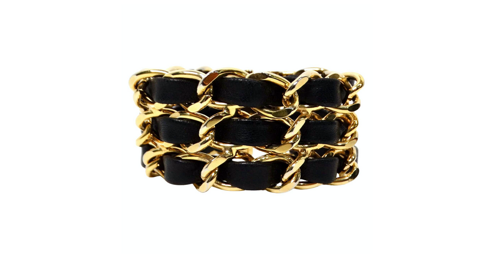Black Leather & Gold-Tone Chain Link Cuff Bracelet circa 1990s