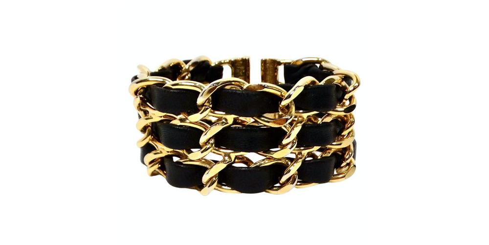 Black Leather & Gold-Tone Chain Link Cuff Bracelet circa 1990s