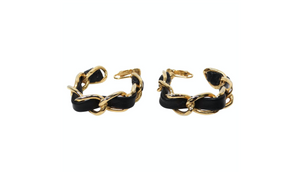 Black Leather & Gold-Tone Chain Square Hoop Clip-On Earrings circa 1990s
