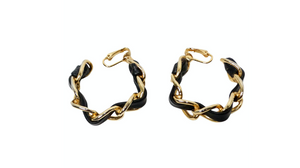 Black Leather & Gold-Tone Chain Square Hoop Clip-On Earrings circa 1990s
