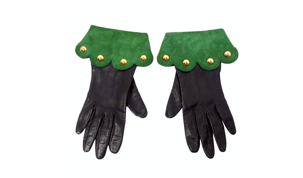 Hermes Black Leather & Green Suede Studded Gloves circa 1990s