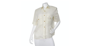 Chanel Cream Linen Interlocking CC Button-Up Short Sleeve Blouse circa 1980s