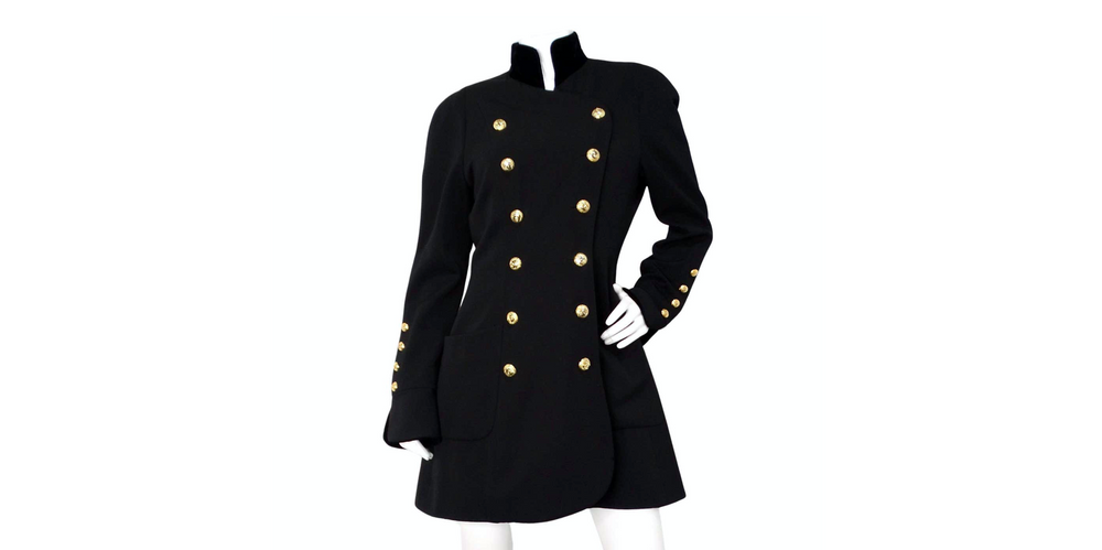 Chanel Black Double Breasted Wool & Velvet Jacket Dress circa 1980s Documented