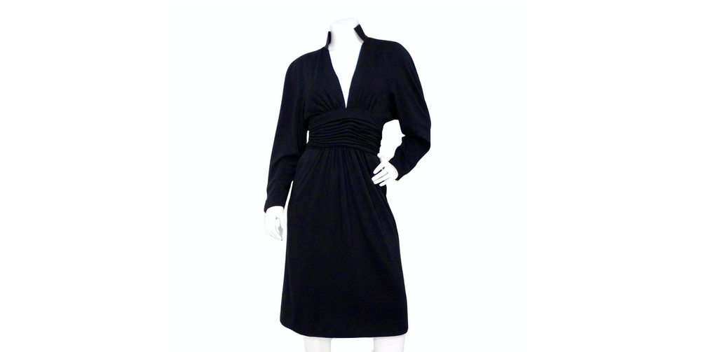 Chanel Black Ruched Waist V-Neck Long Sleeve Dress circa 1980s