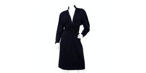 Chanel Black Ruched Waist V-Neck Long Sleeve Dress circa 1980s