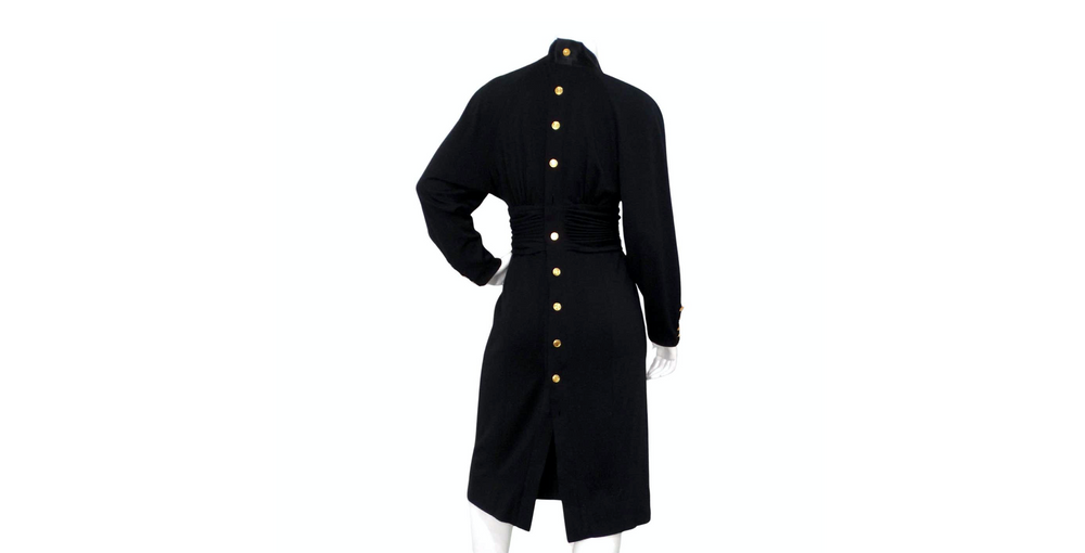 Chanel Black Ruched Waist V-Neck Long Sleeve Dress circa 1980s