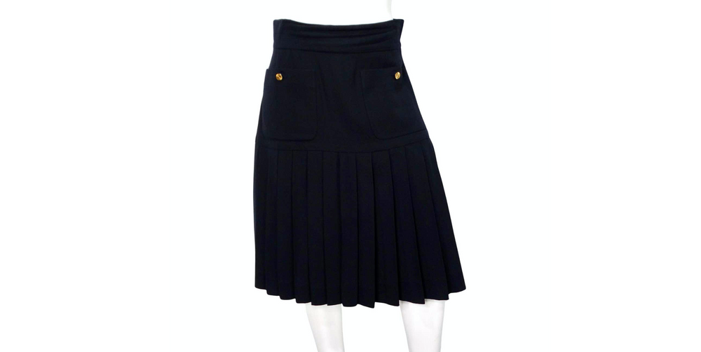 Chanel Black Pleated Midi Skirt With Slit circa 1980s